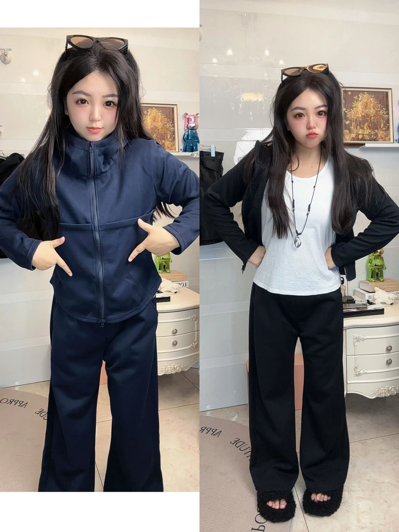 anan  2025大码显瘦遮肉百搭时尚爆款休闲运动套装新款黑色藏蓝色