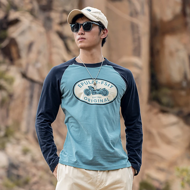 海行户外拼色240g纯棉插肩长袖t恤男 2025秋季新款休闲插肩打底衫