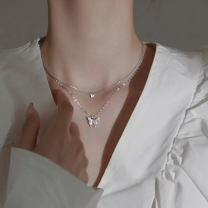 老凤祥款蝴蝶项链女999纯银正品夏轻奢小众叠戴