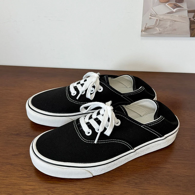 黑色低帮时尚青春潮流百搭休闲款学院518平底透气可踩轻便帆布鞋