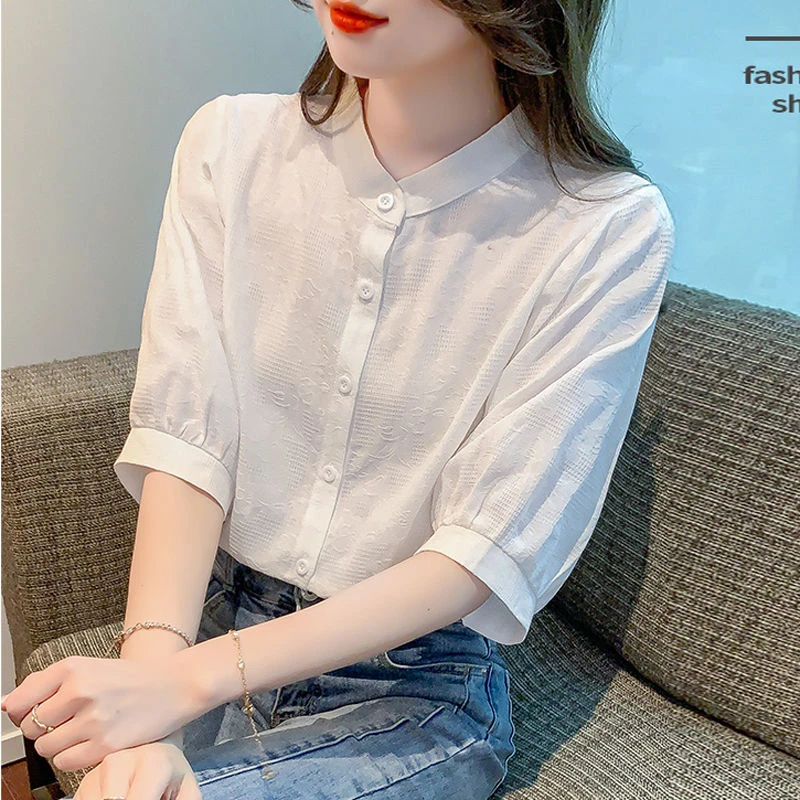 （全额运费补贴）立领白色衬衫女夏季2025新款薄款短袖显瘦洋气小衫