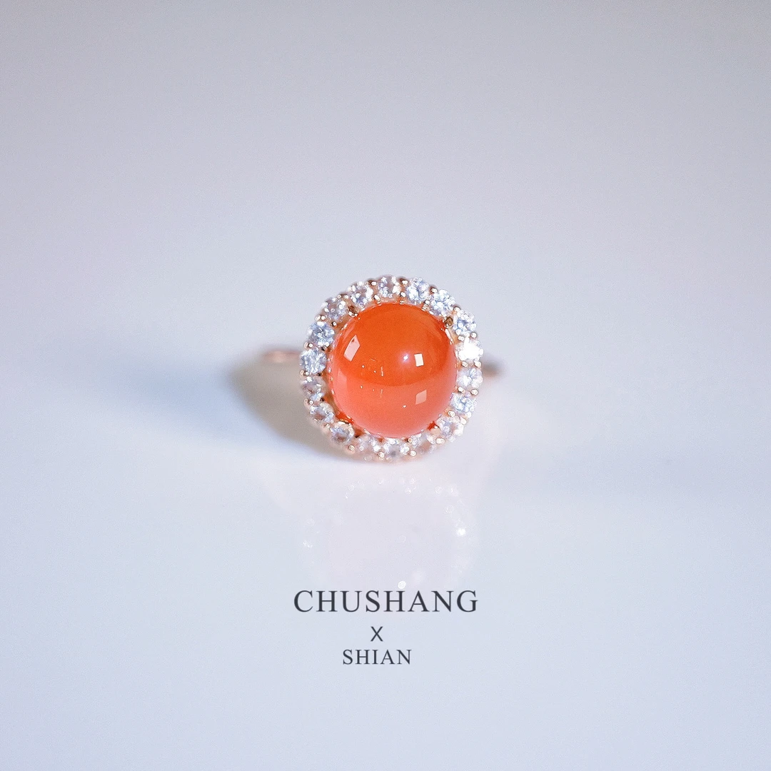 天然保山南红冰红银镶嵌女款戒指精致精美时尚简约大方