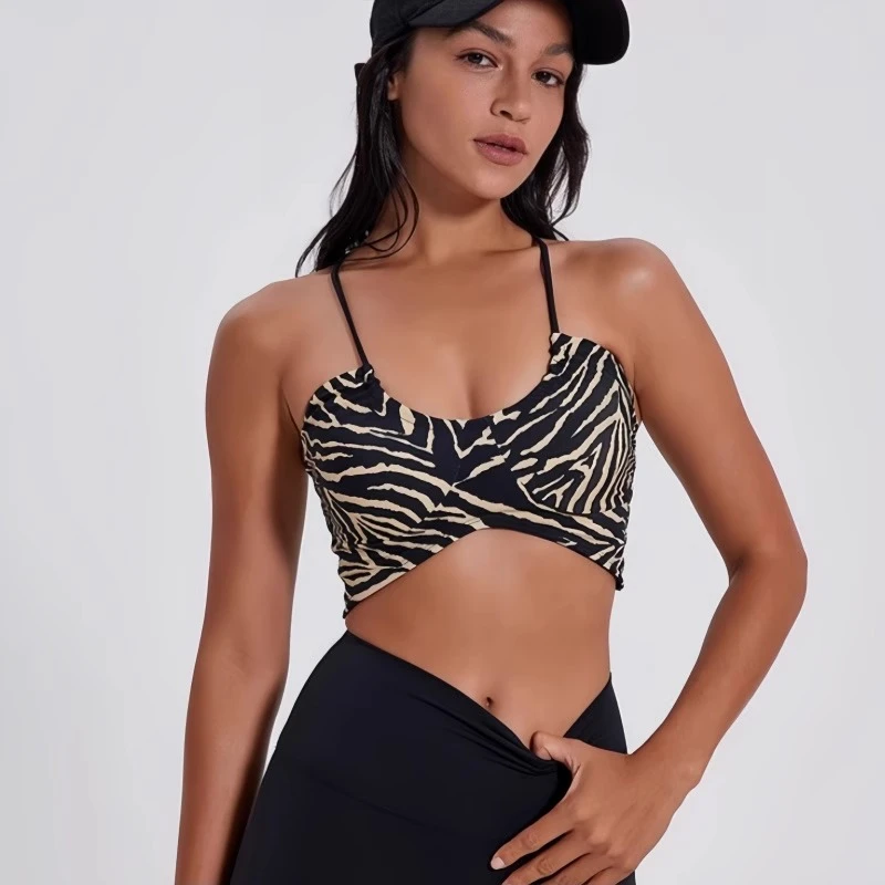 运动内衣一体式细肩带瑜伽背心女生修身时尚印花性感豹纹健身美背