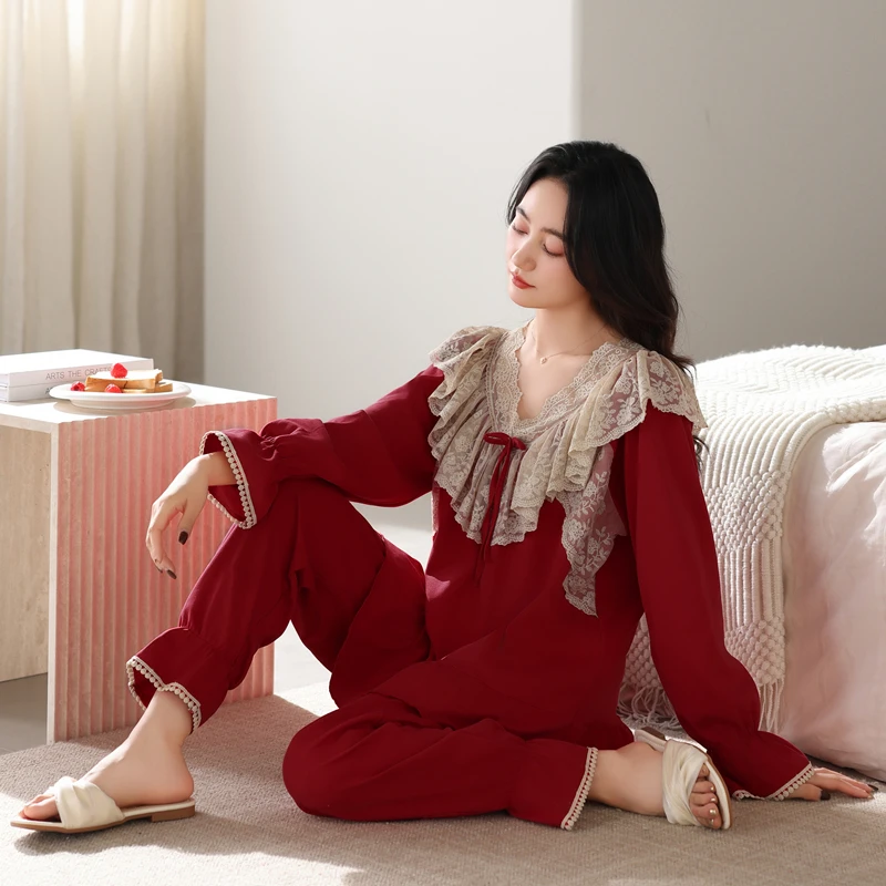 睡衣女款爆款2025新款长袖长裤纯棉套装春秋红色蕾丝本命年家居服