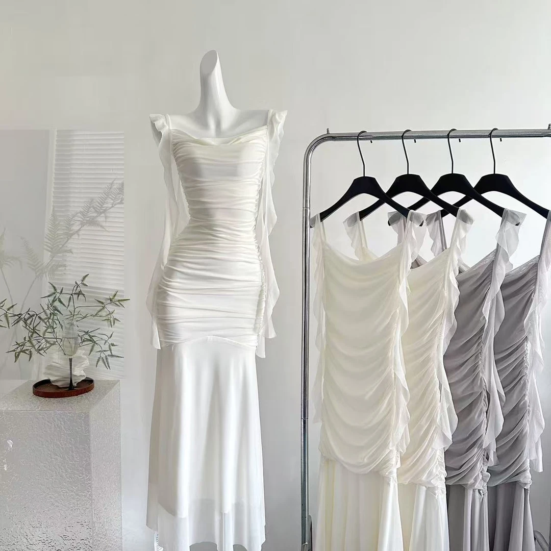 浮游温柔飘逸感吊带连衣裙立体抽褶弹力修身鱼尾裙