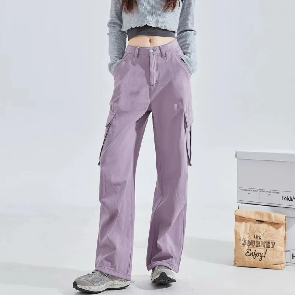 629#淡牵牛紫春夏季甜酷风高腰工装裤高街设计拖地阔腿牛仔裤女