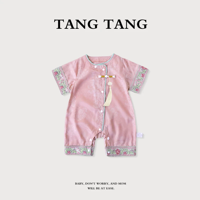 新生婴儿夏季短袖锦缎国风新品男女宝宝外出服短爬连体衣薄款幼儿