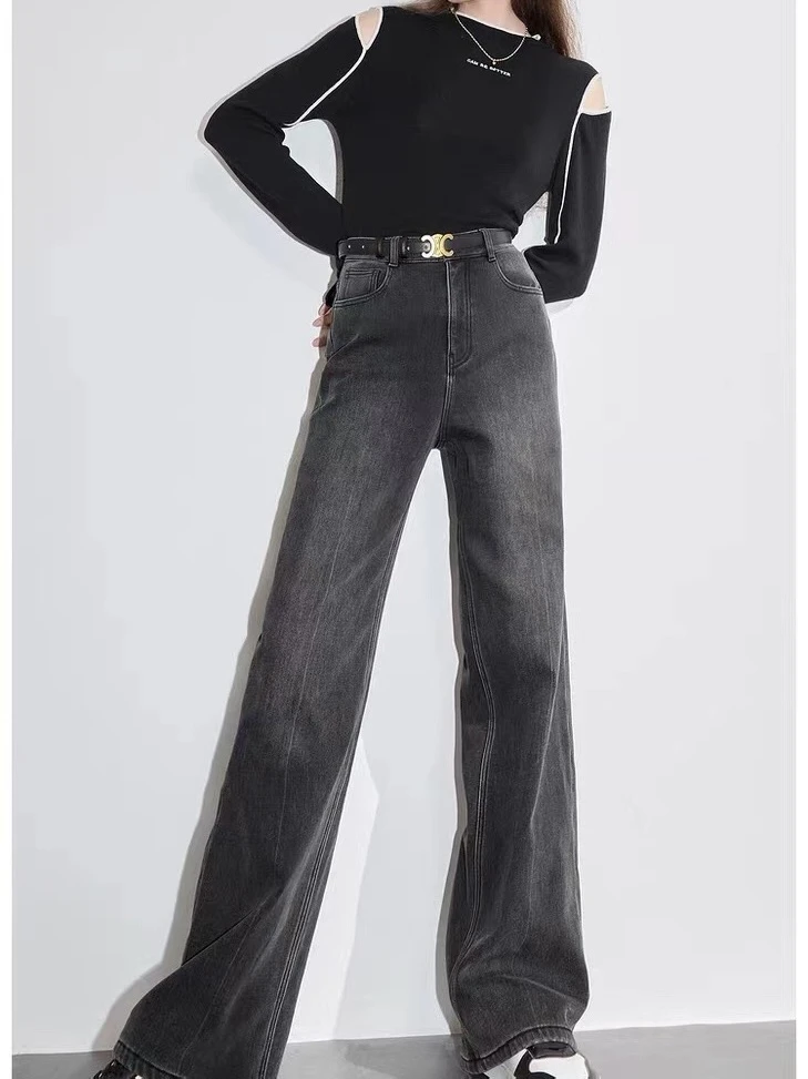 秋冬加绒高腰牛仔休闲裤阔腿裤