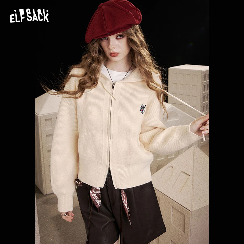 妖精的口袋皇冠刺绣白色休闲毛衣2025冬慵懒风软糯开衫25702029