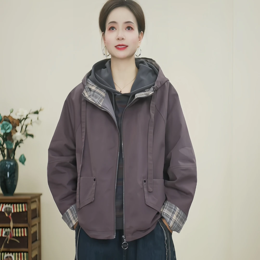 585新款春秋时尚休闲百搭连帽外套宽松显瘦春季夹克开衫上衣女