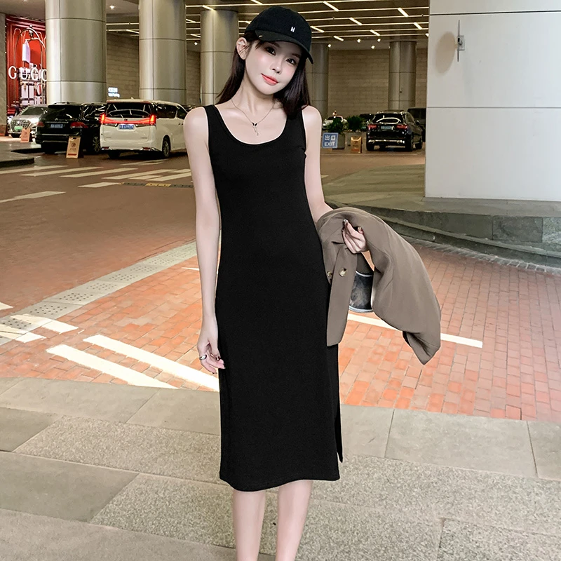 黑色背心连衣裙女夏装新款韩版时尚显瘦内搭开叉打底吊带小黑裙
