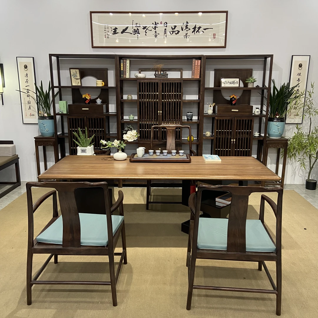 【一桌三椅】新中式魔方乌金木大板茶桌茶台几何泡茶桌办公桌椅