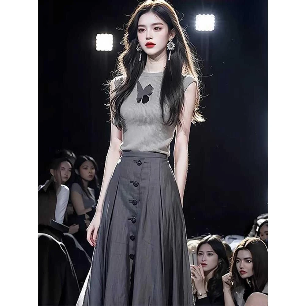 韩系高级感冷淡系酷飒拽姐御姐轻熟风蝴蝶T恤女夏半身裙两件套装