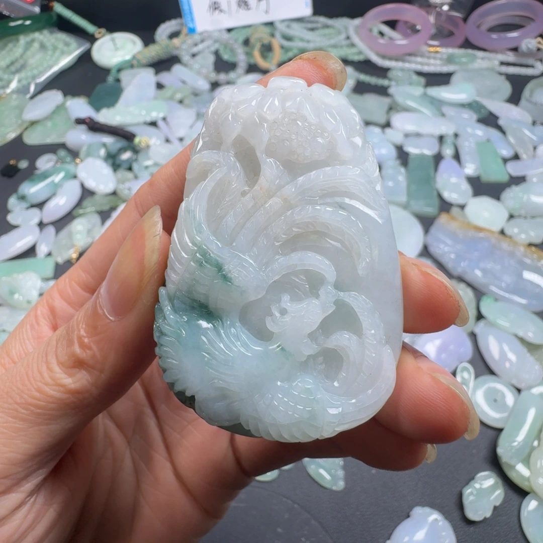 翡翠未镶嵌吊坠(赠链)天然缅甸A货翡翠凤凰牡丹