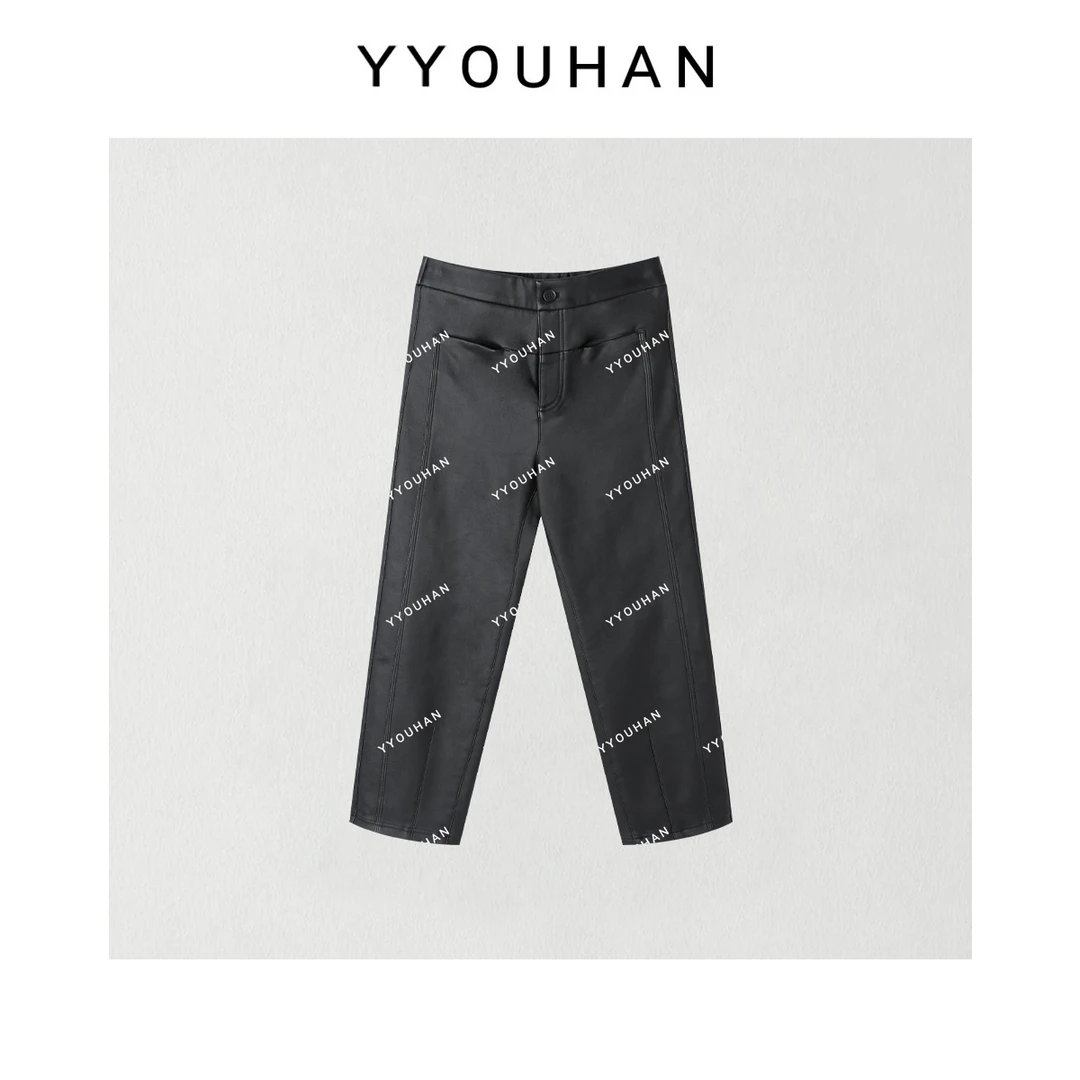 玖了个玖 小众设计极简风立体剪裁法棍直筒休闲涂层裤 2410B4884