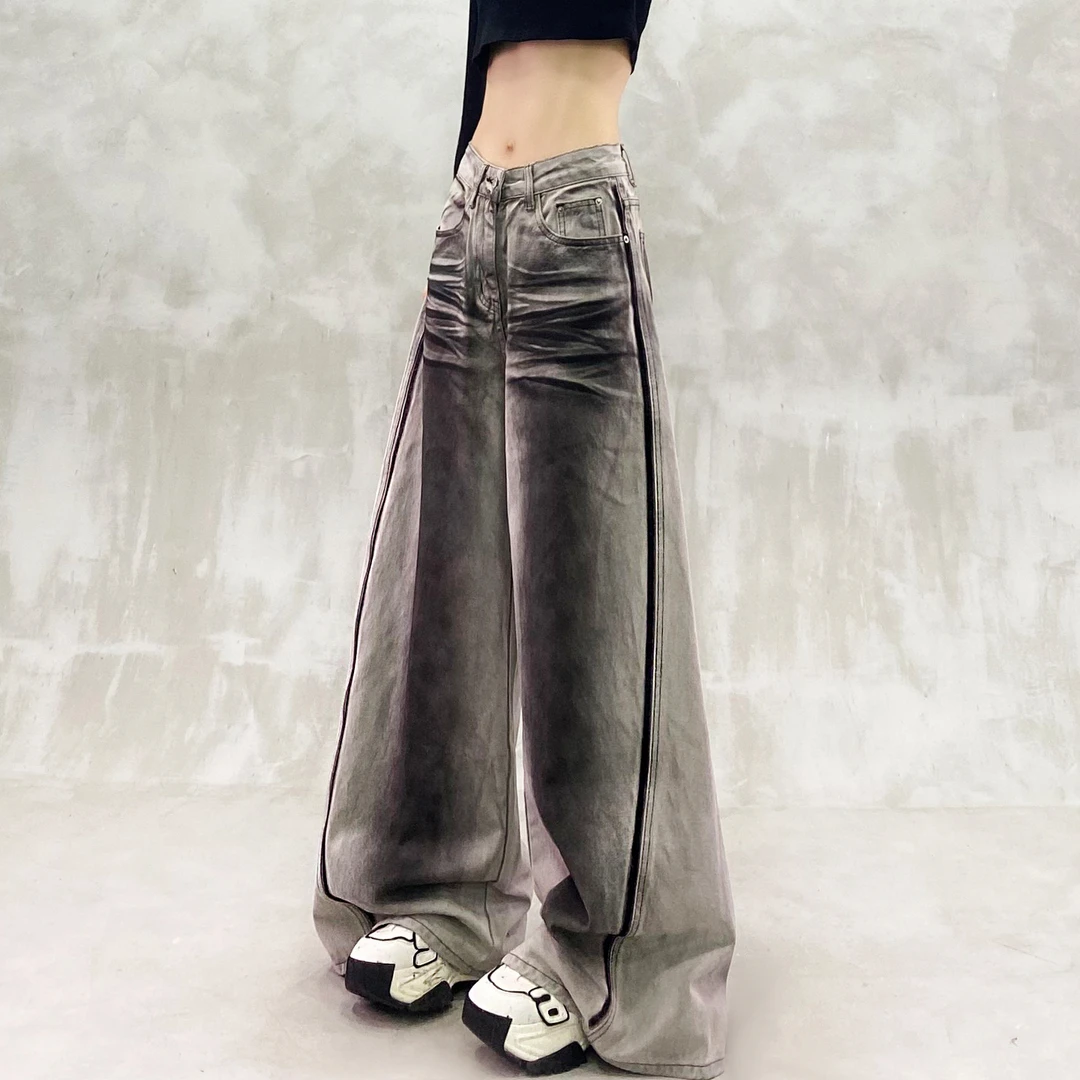 侧边条纹拼色涂鸦牛仔拖地裤女秋新款高腰宽松显瘦百搭直筒阔腿裤