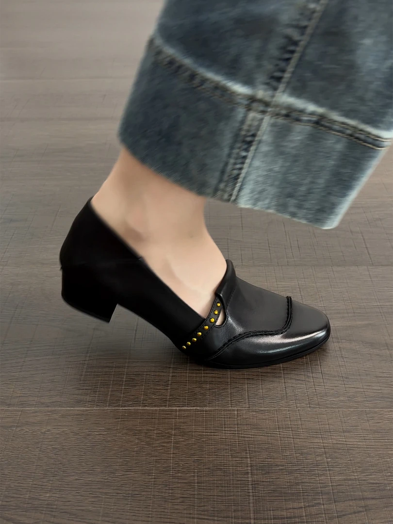 3.5cm/ED2577牛皮英伦学院小皮鞋女春秋圆头粗跟单鞋中跟乐福鞋