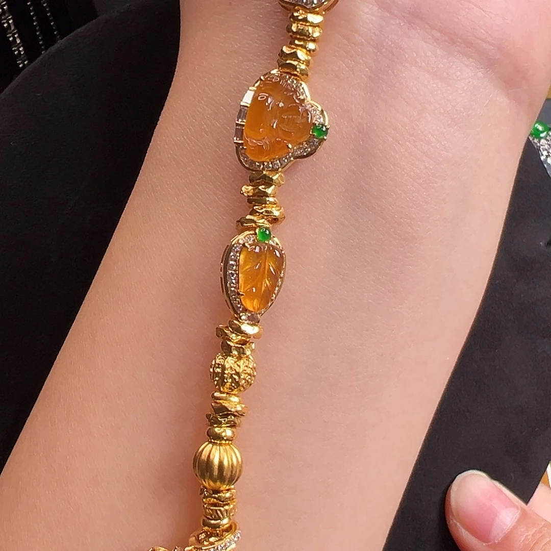 翡翠18K金镶嵌手链高冰黄翡盘缠手链