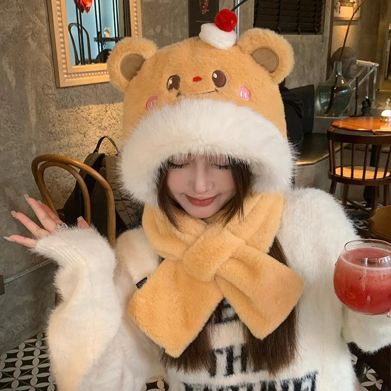 可爱蛋糕黄油小熊帽子围巾手套一体2024冬季保暖护耳毛绒雷锋帽女