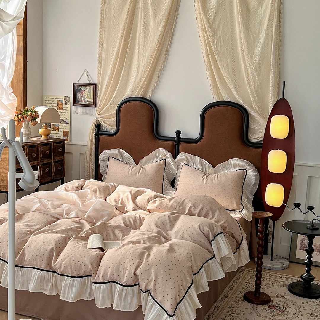 【妃巢】上新款重工雪纺边全棉纱布三件套四件套人字纹提花床单被套