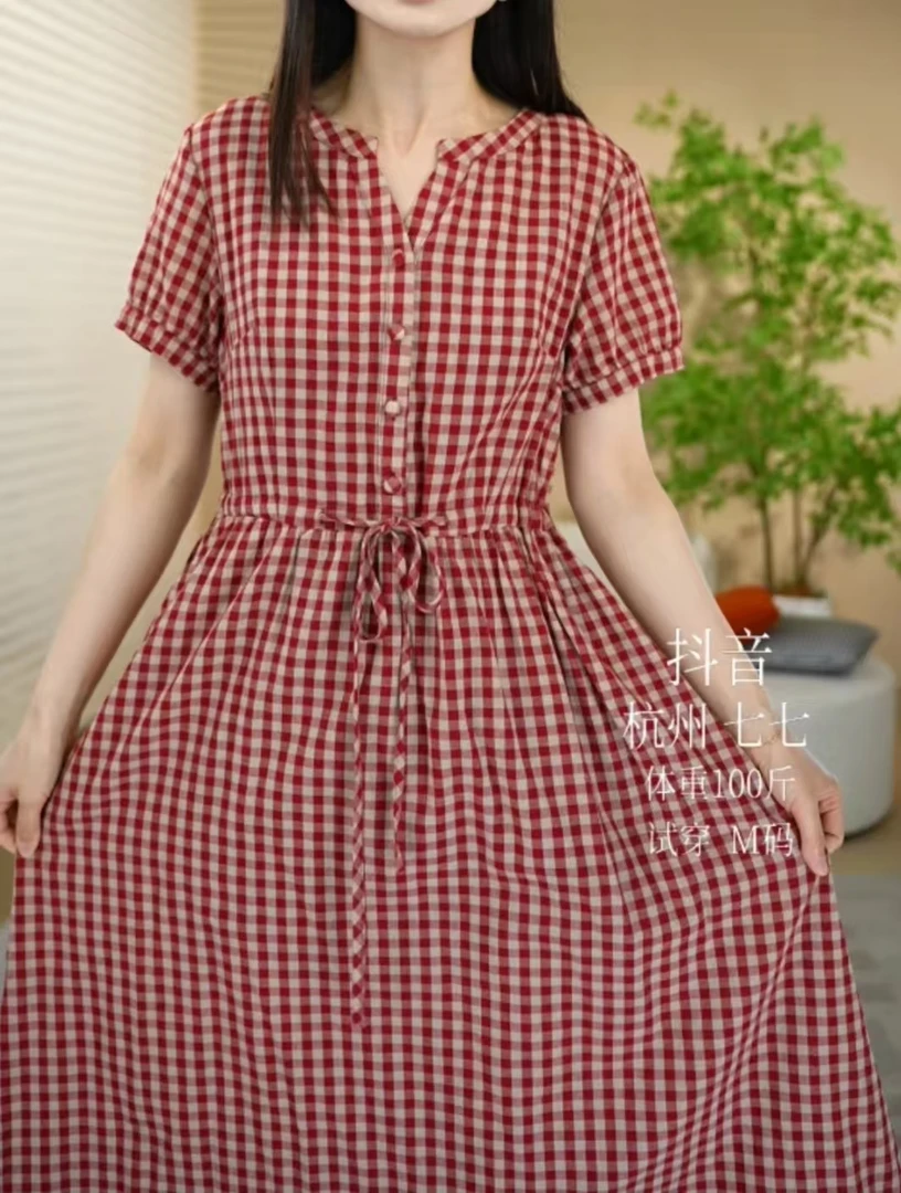 夏季新款纯棉小格子经典文艺时尚舒适高品质格纹女装连衣裙7716
