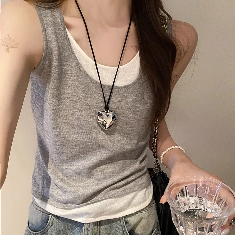 灰色假两件吊带小背心女装内搭夏外穿2025宽松工字打底针织黑上衣