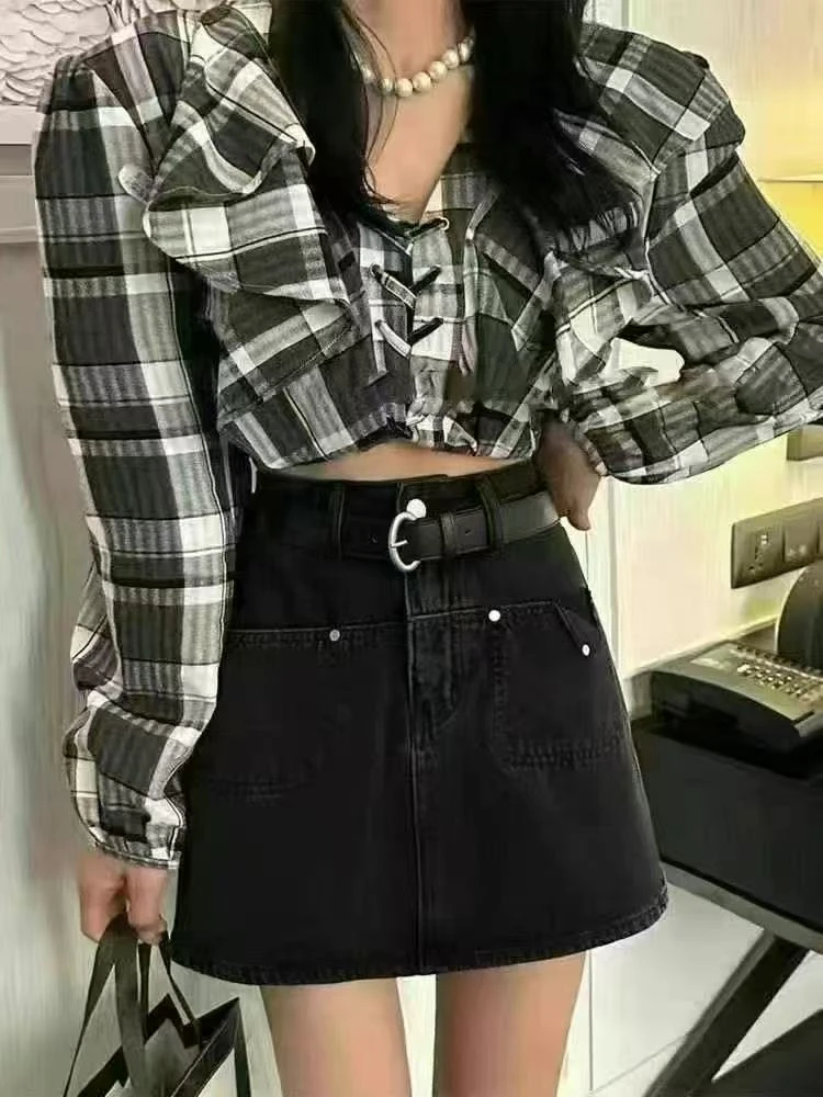 【慕妍专属】66170（裙长40）复古高腰牛仔a字裙半身裙