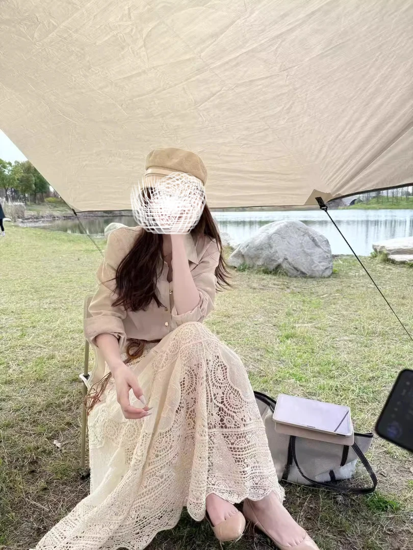 波西米亚钩花重工小众百搭伞裙半身裙女设计感小众衬衫显瘦两件套