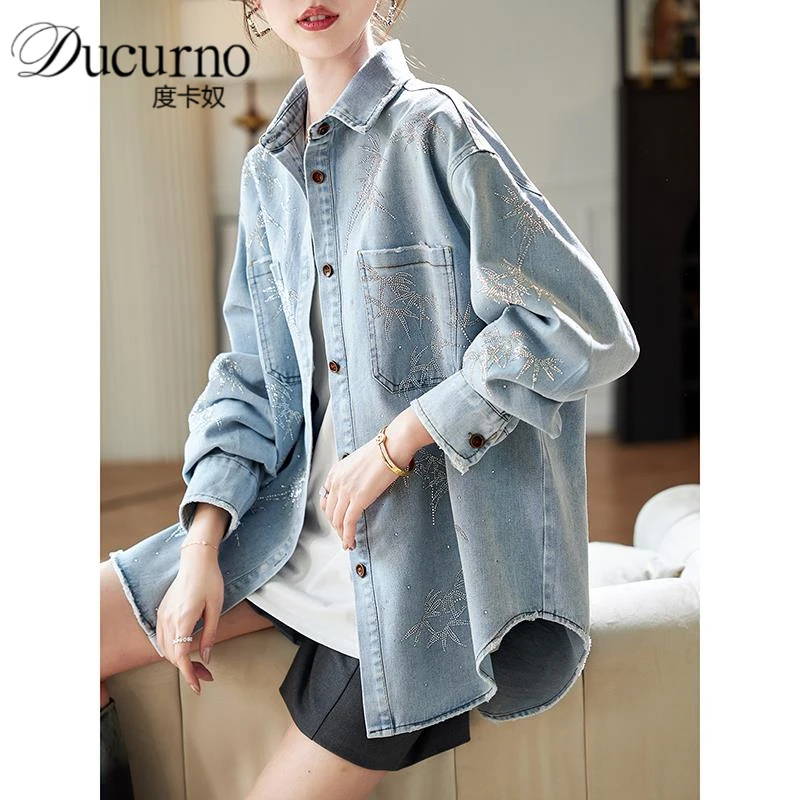 翻领烫钻宽松牛仔外套2025年秋季新款洋气休闲长袖外搭衬衣女装