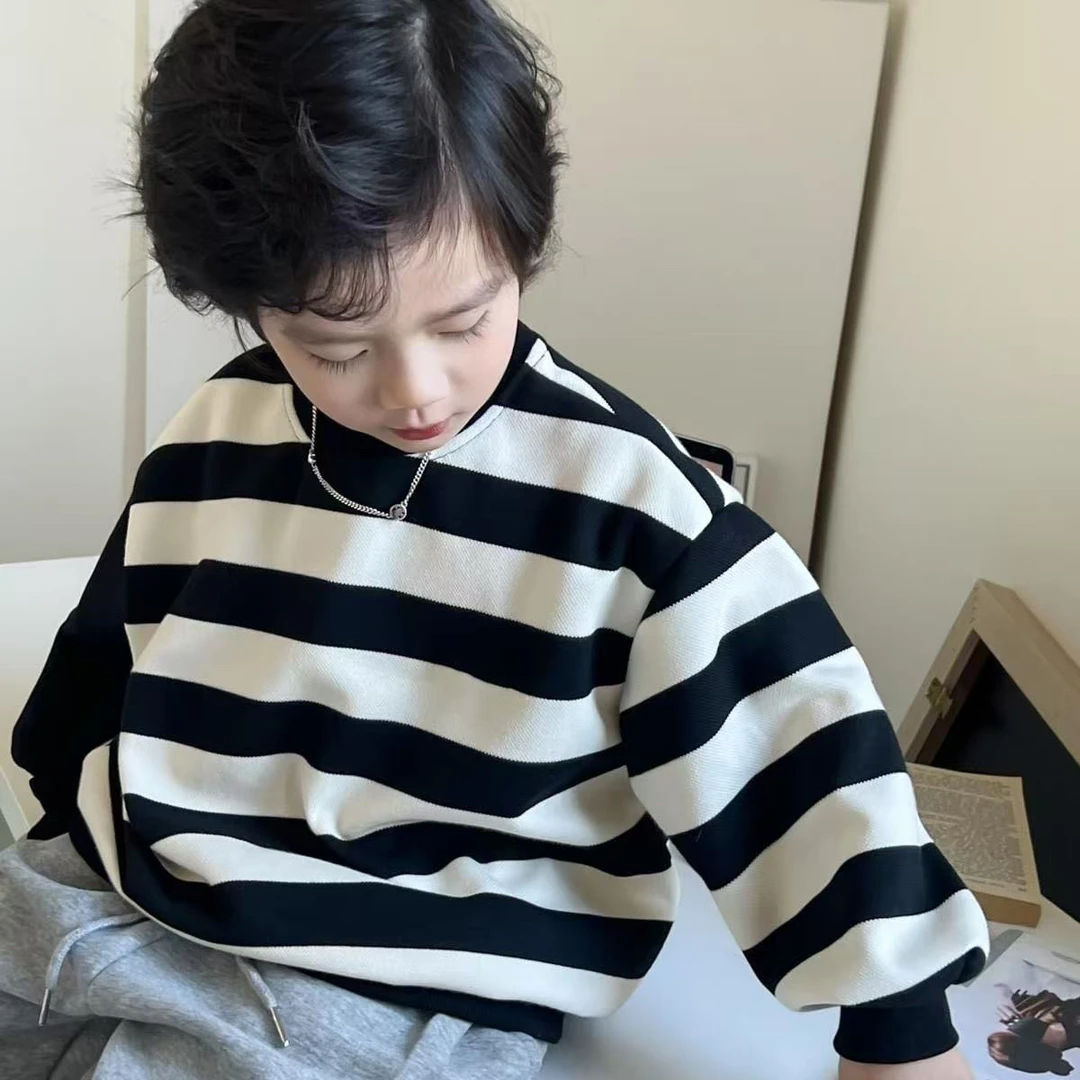 【编号R595】GY3129-01-儿童拼袖条纹卫衣黑色-GMF