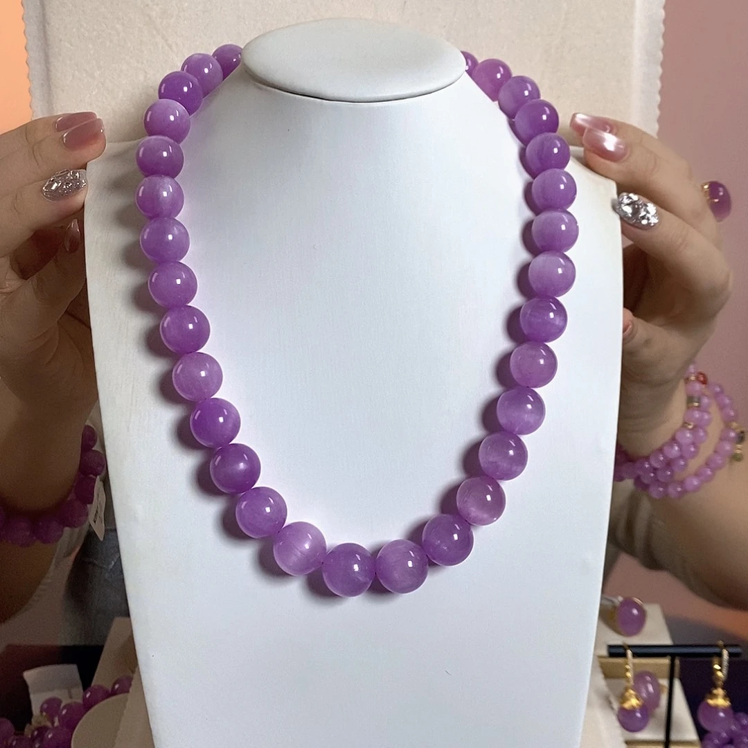 【华瑞珠宝】14MM天然原矿紫锂辉高冰收藏级项链14+