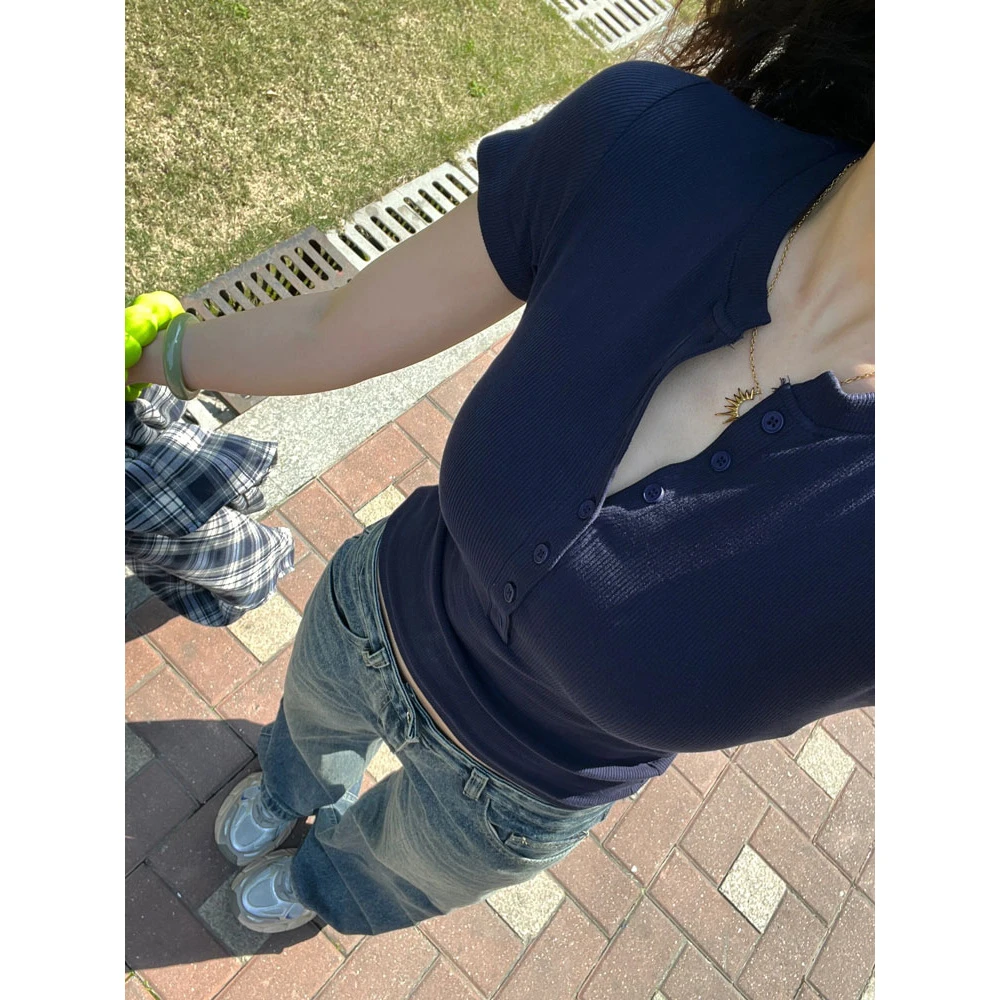 1145-短袖T恤女2025夏紧身排扣螺纹正肩U领打底衫纯色显瘦外穿潮