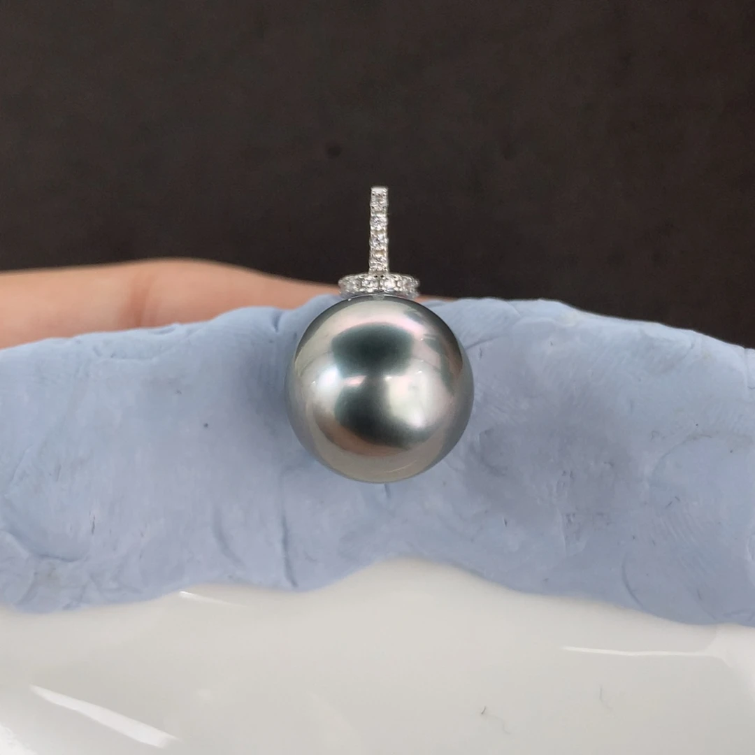 定制海水珍珠银S925镶嵌吊坠(不含链)铂金灰11.5mm正圆奶嘴扣