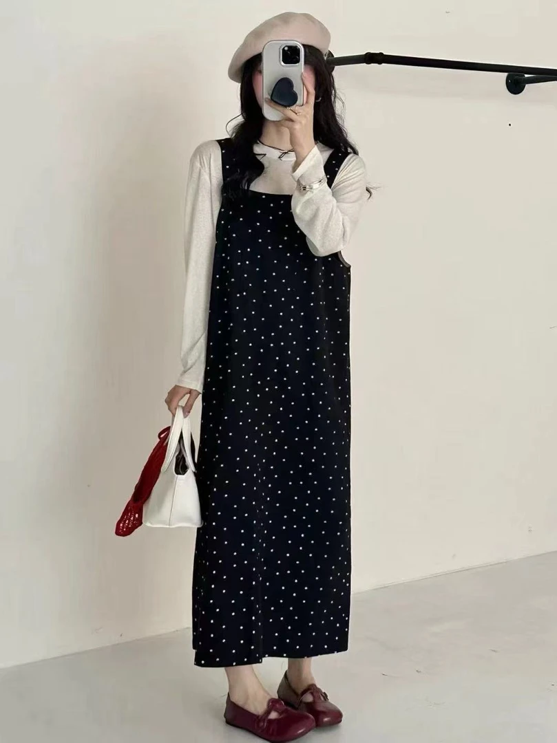 2025秋上新高级设计感洋气波点淑女显瘦针织内搭+马甲裙套装1353