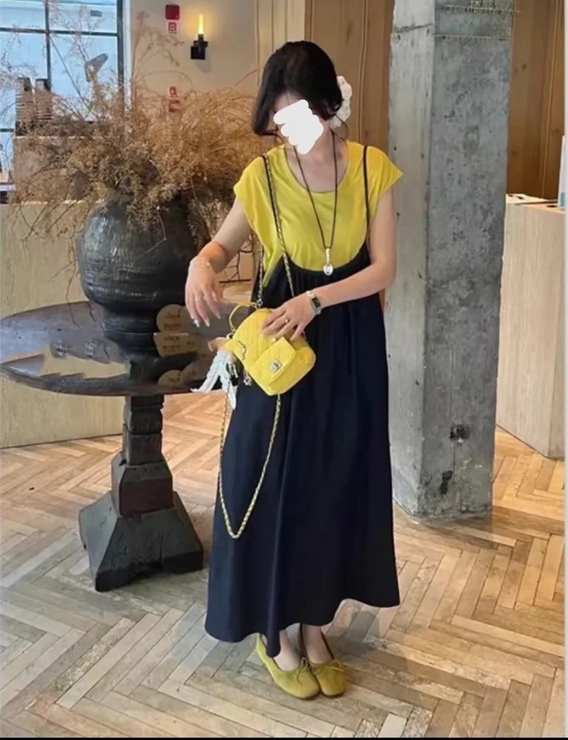 公主韩系穿搭一整套复古遮肚显瘦吊带连衣裙459230+短袖459856