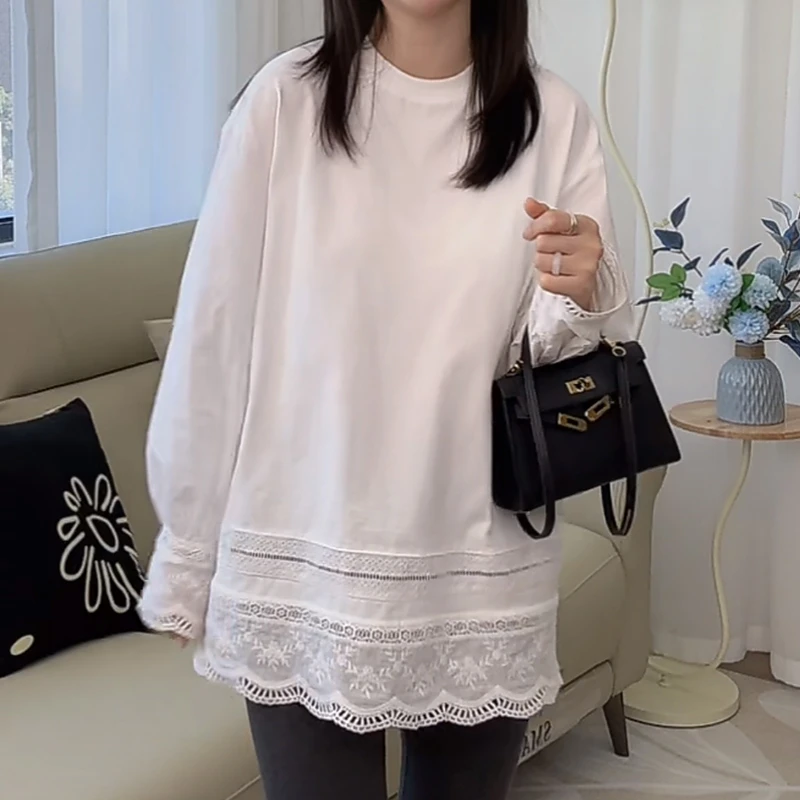 蕾丝勾花拼接衬衫袖白色T恤女2025早春款宽松休闲中长款打底上衣