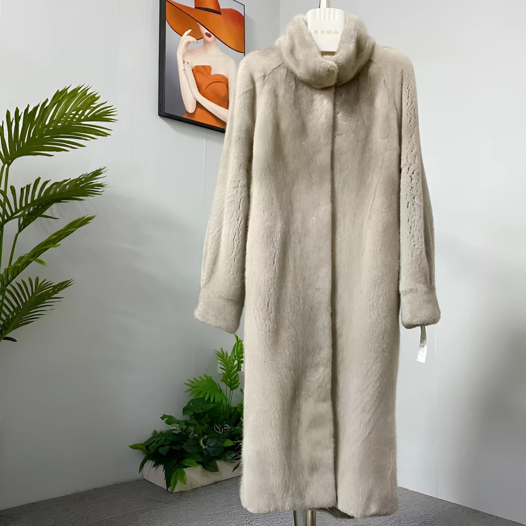 新款水貂毛皮草外套女银兰大衣立翻领收口袖超皇冠天鹅绒短二毛