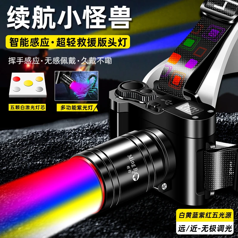 T888升级款5光源铝合金灯头感应四色调焦液晶显示强光头灯