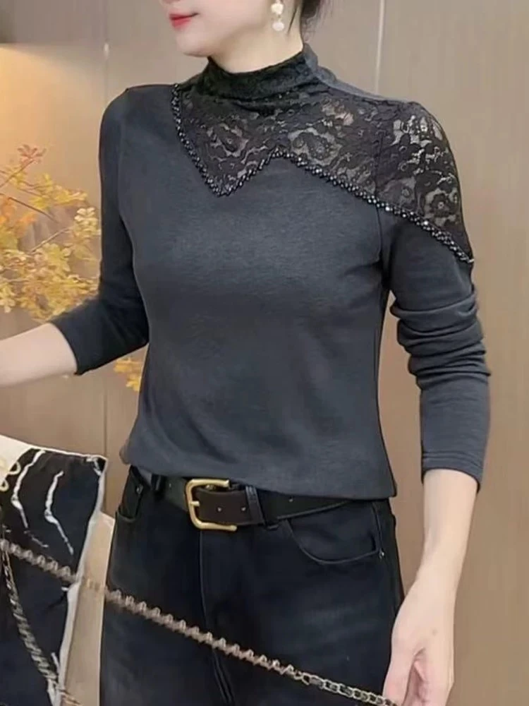 秋新款时尚百搭纯色烫钻T恤设计半高领显瘦长袖小衫拼接蕾丝上衣