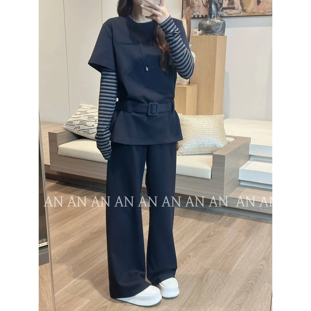 C08422新款圆领短袖T恤+叠穿条纹打底衫+腰带