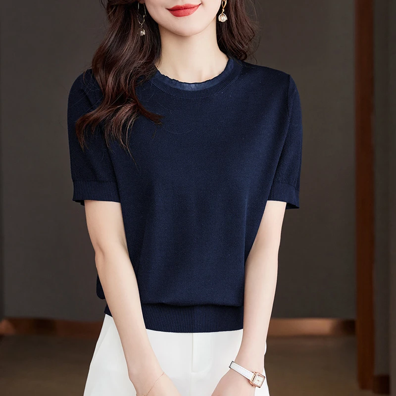 天丝短袖t恤女装夏季2025新款中年妈妈夏装上衣针织衫显瘦气质薄