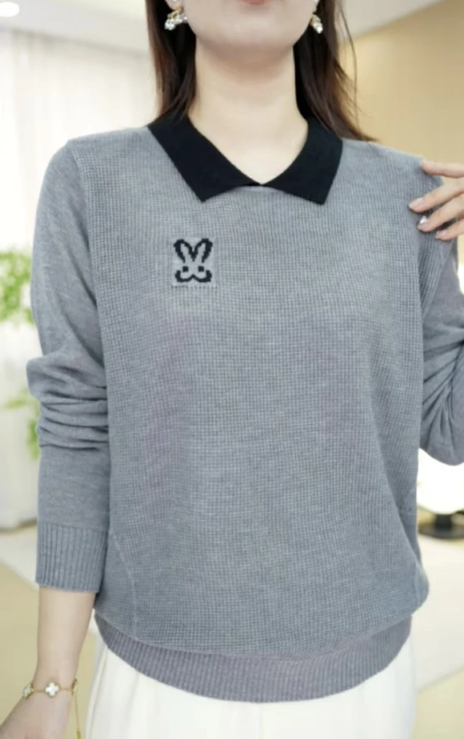 春季女士新款翻领套头小兔子印花显瘦遮肉洋气百搭毛针织衫