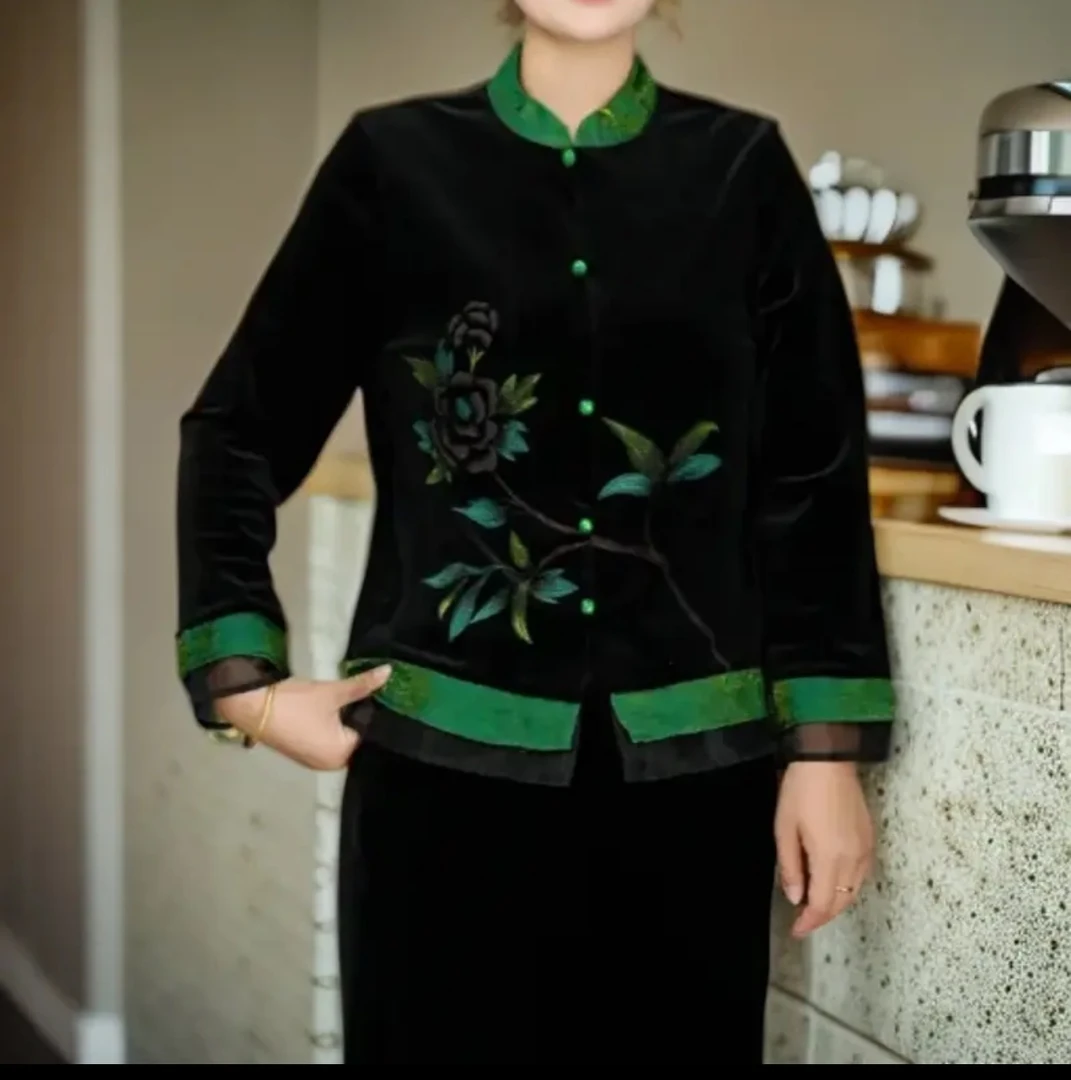 (小曼推荐）7795#国风印花妈妈丝绒新款立领复古外套对襟立领中式