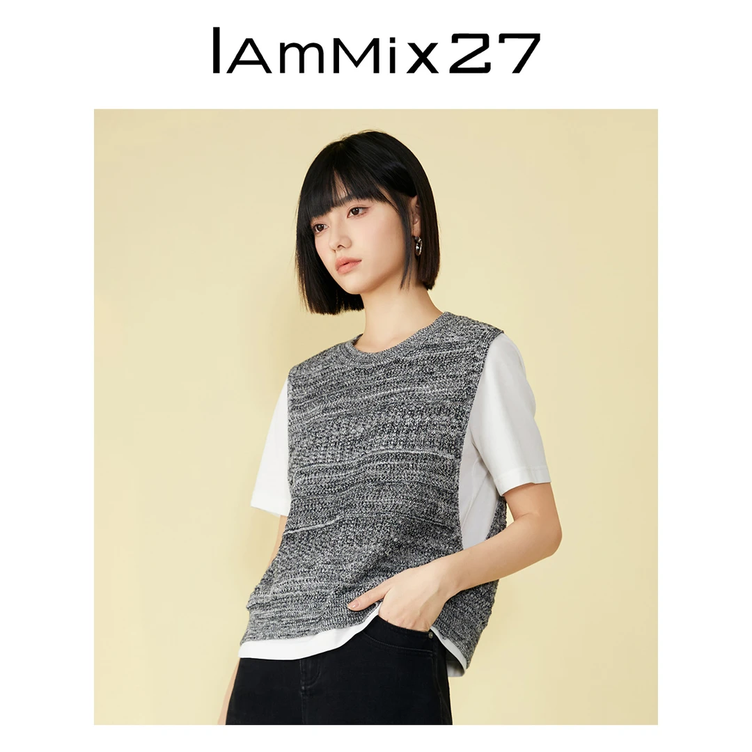 Iammix27圆领棉麻两件套T恤镂空背心休闲百搭白色上衣M4b506b