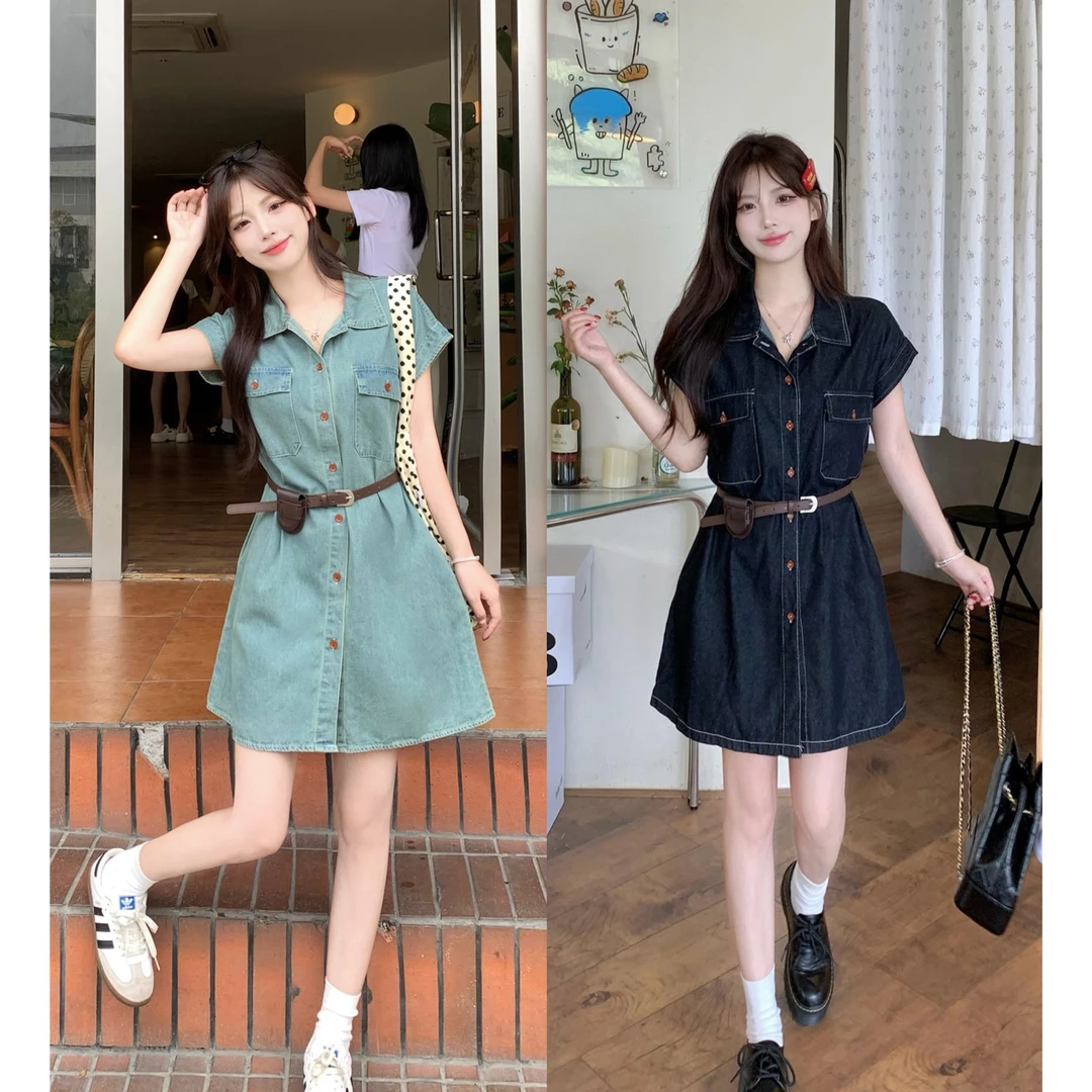 小众设计感新中式花朵扣牛仔背带裙女2025年夏季新款小个子连衣裙