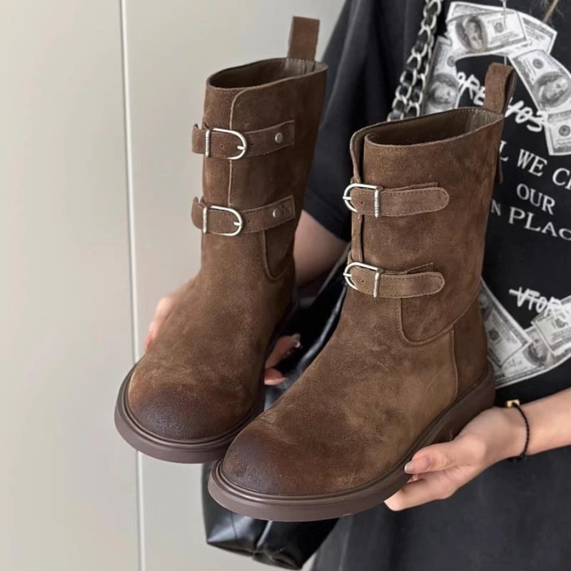 【DcSU奢品】皮覆古擦色皮带扣西部牛仔靴显瘦短靴女美拉德马丁靴