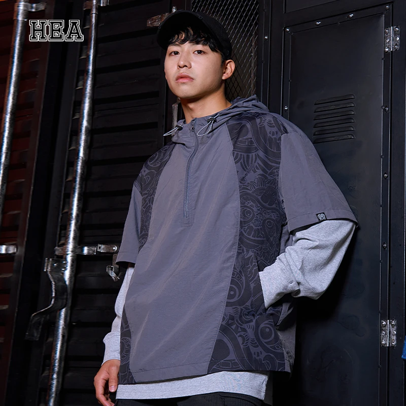 HEA 经典国潮拼接风衣外套连帽短袖拉链叠穿休闲百搭轻户外青少年