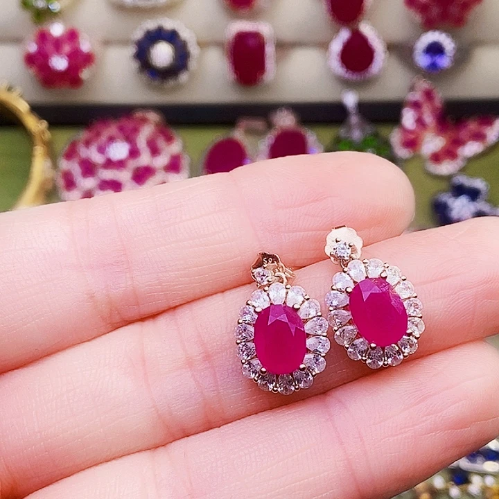 红宝石耳饰银S925镶嵌