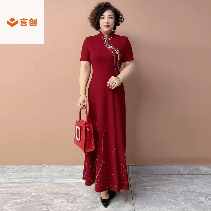 312高贵年轻气质妈妈改良版旗袍裙春夏季新款时尚洋气显瘦加长裙