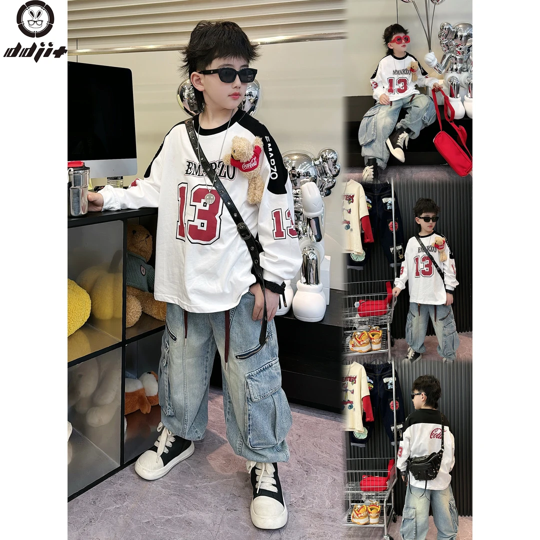 蛋蛋家【熊出没】春夏款时尚街头男童白色小熊13长袖T恤